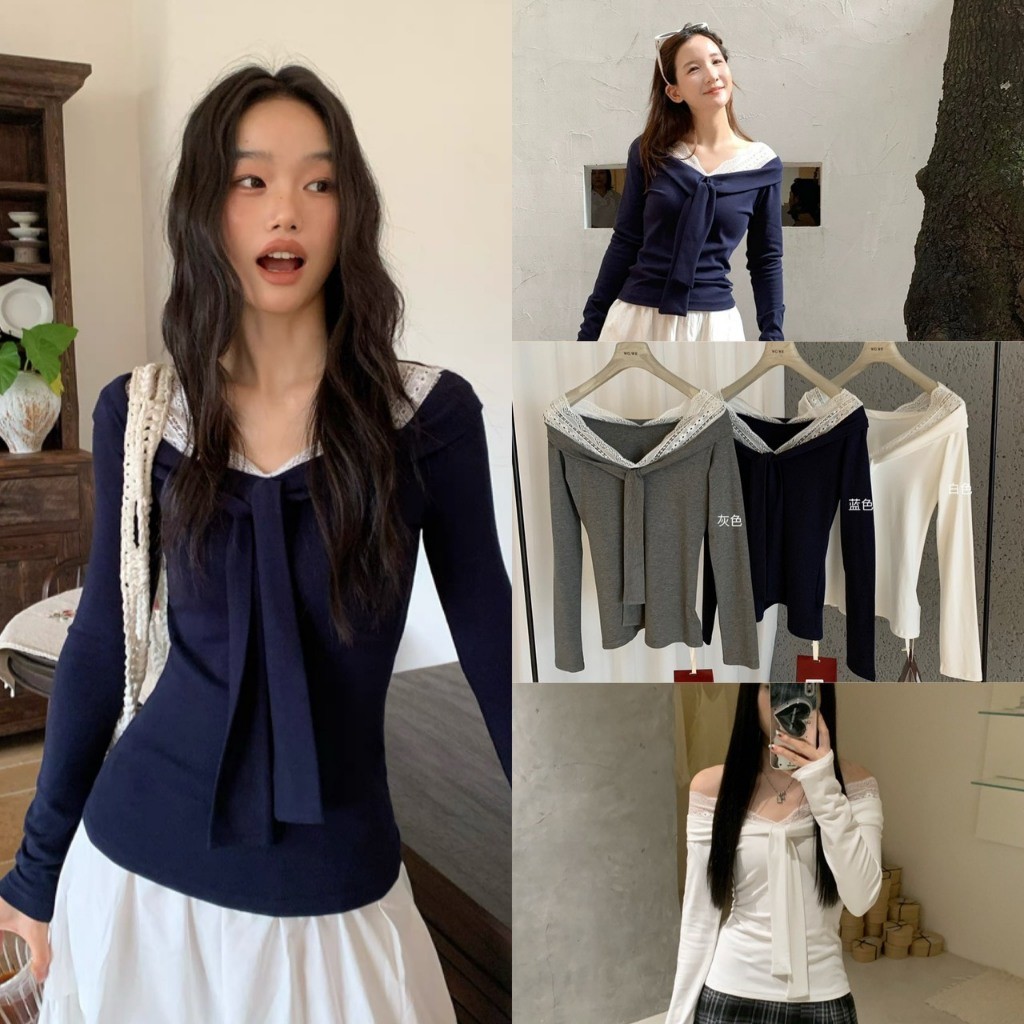 W8115 เสื้อแขนยาว ผ้ายืด ทรงไหล่เปิด แต่งผ้าลูกไม้ ผ้ายืดหยุ่นได้ดี แฟชั่นเกาหลี TAG WG.WE