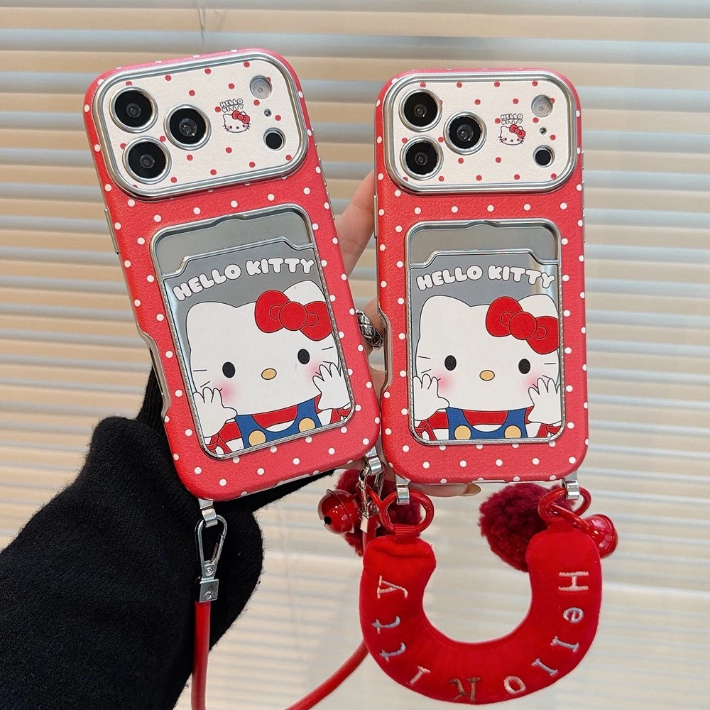 คิตตี้แมวหน้าต่างใส่การ์ดเหมาะสําหรับ ไอโฟน 17โปรแม็กซ์ ผิวเชือกแขวนเคสโทรศัพท์แอปเปิ้ล16/15/14/13