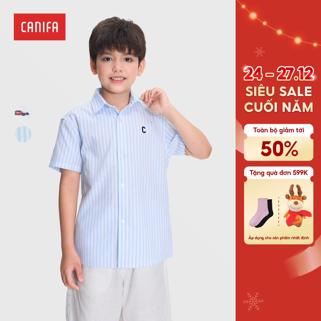 CANIFA เสื้อเชิ้ตเด็กชายพิมพ์ลายคอปกและแขน 2TH25S002