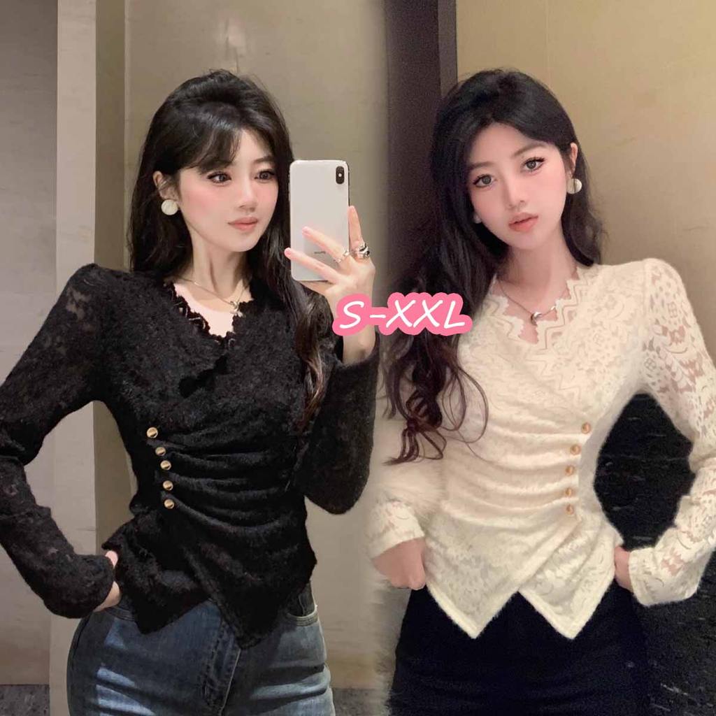 ohho#เสื้อเชิ้ตลูกไม้แฟชั่นสำหรับผู้หญิง ไซส์ใหญ่ ฤดูใบไม้ร่วง/ฤดูใบไม้ผลิ เสื้อลูกไม้มีสไตล์ รุ่น99320