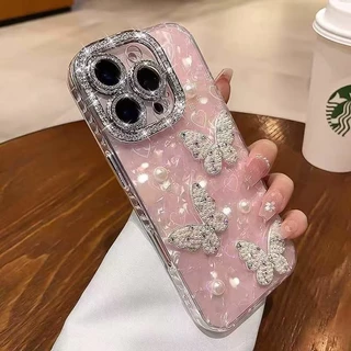 IMD Love เลเซอร์เคสโทรศัพท์สําหรับ iPhone 17 15 16 14 13 12 11 Pro Max แฟชั่น 3D Pearl Butterfly ฝาครอบป้องกัน