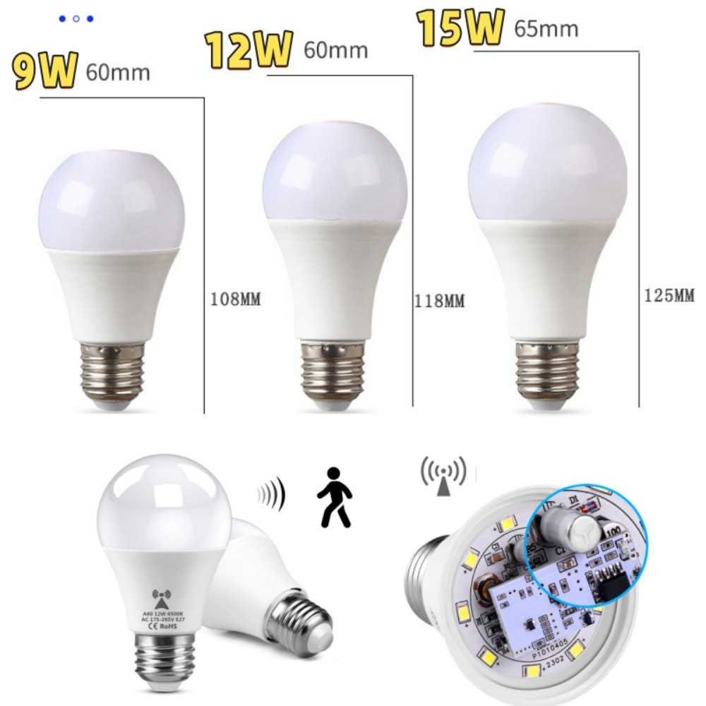 การตรวจจับเรดาร์หลอดไฟ LED 110-265V 9W 12W 15W 165-265V 18W 25W E27 Radar Motion Induction LED โคมไฟในตัวเรดาร์สําหรับบันไดบ้าน