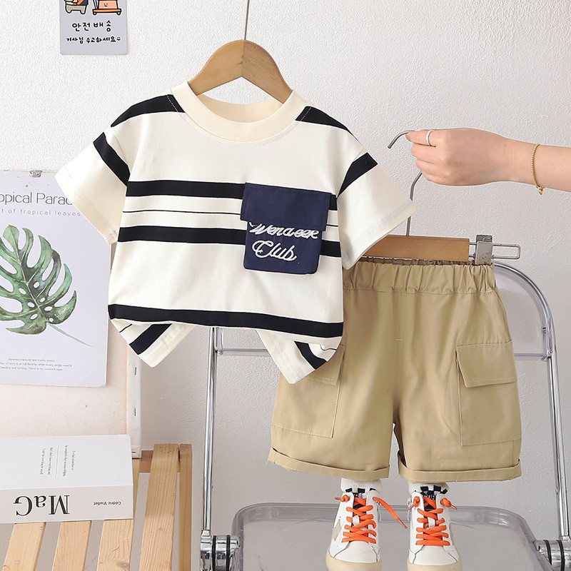 เสื้อยืดและกางเกงขาสั้นสำหรับหนูน้อย สไตล์ลายกระเป๋า 2 ชิ้นในเซ็ต เหมาะสำหรับฤดูร้อน