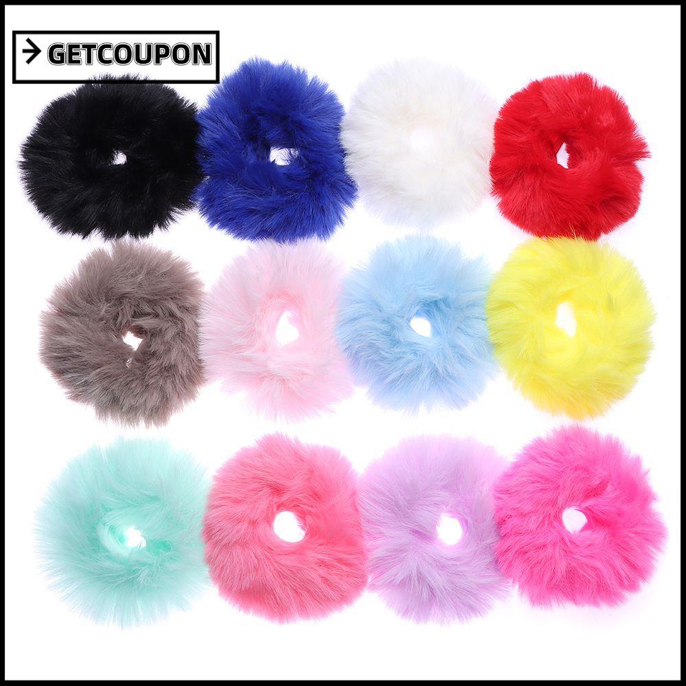 GETCOUPON ยางรัดผมปอมปอม พร้อมขนกระต่ายปลอม เครื่องประดับผมแฟชั่นสำหรับฤดูหนาว