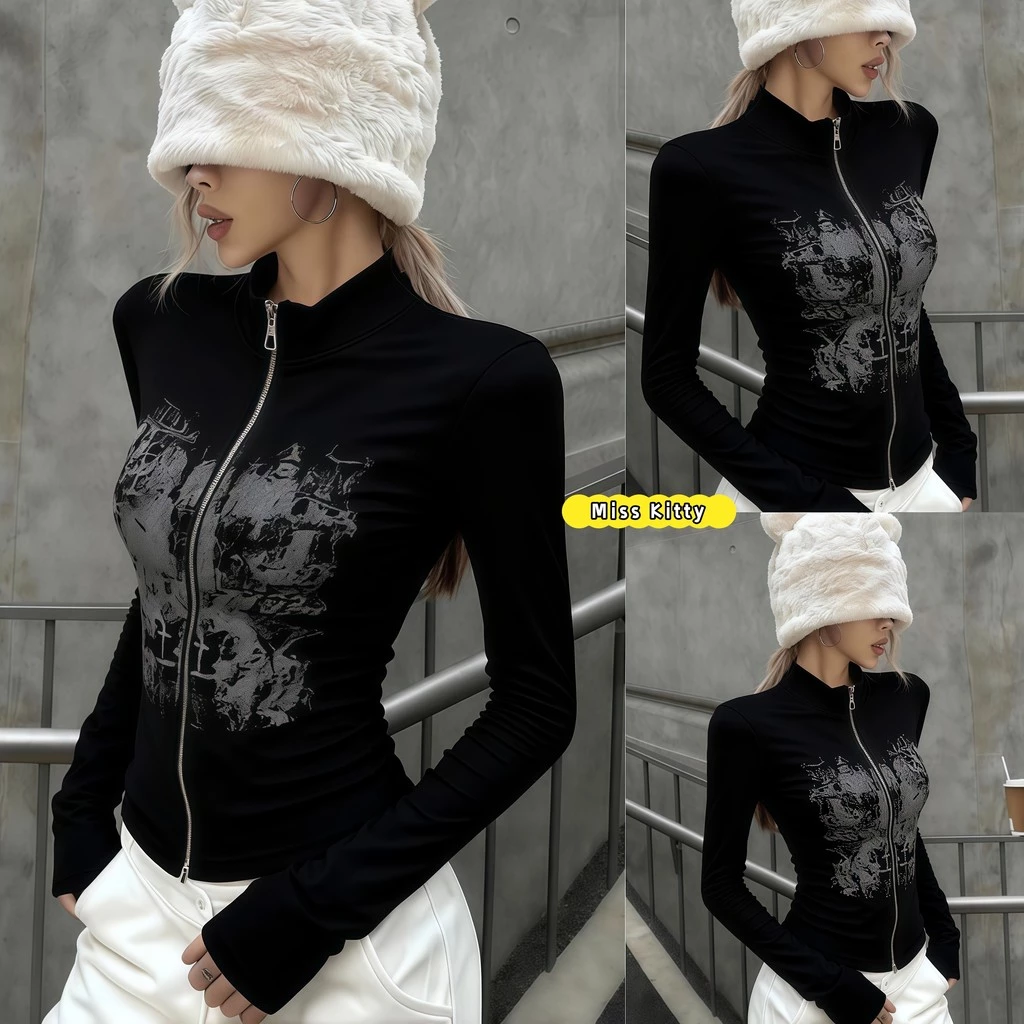 Miss Kitty เสื้อผ้าผู้หญิง เสื้อแฟชั่นสตรีทแขนยาว ดีไซน์ซิปเท่ๆ ลายย้อนยุค Y2K ใส่ฟิตกระชับ FY1230-0