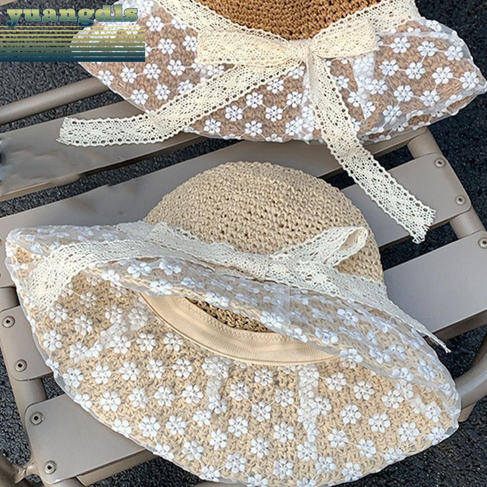 YUANG หมวกฟางลูกไม้ หมวกบักเก็ตสำหรับผู้หญิง ขนาดใหญ่ ระบายอากาศได้ Summer