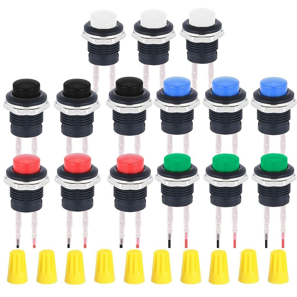 15Pcs 16mm Momentary Push Button Switch 3A 250V AC/6A 125V AC Red/Blue/Green/Black/White SPST ON Off