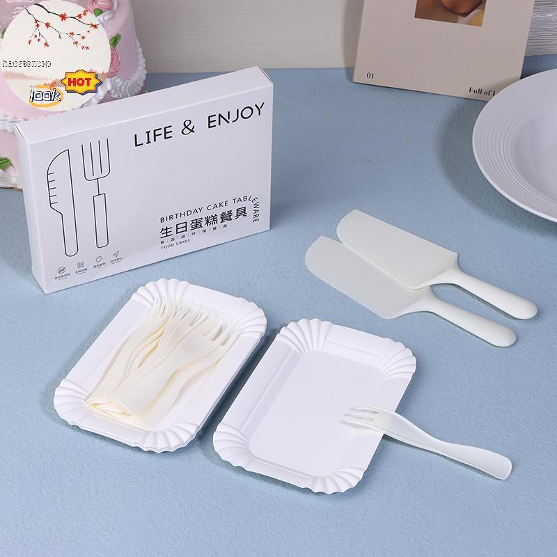 Haostontop 5Person 10Person สีขาวเค้กวันเกิดมีดส้อมชุดพลาสติกทิ้งจานอาหารค่ําชุดเค้กเบเกอรี่บนโต๊ะอา