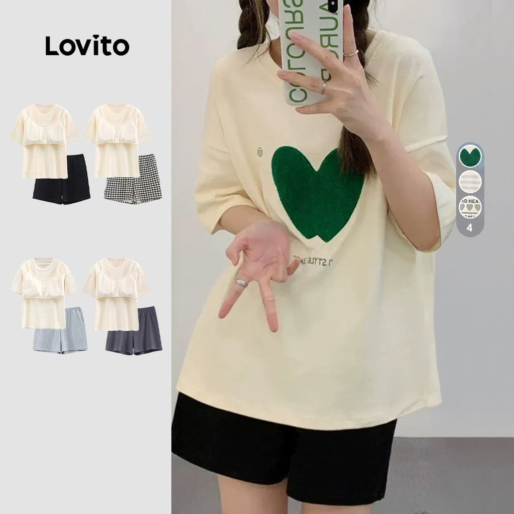 Lovito ชุดนอนคู่เซต2ชิ้นสไตล์คาสนวล มีแผ่นรองหน้าอก ใส่ประจำวัน ฤดูใบไม้ผลิ-ฤดูร้อน สำหรับผู้หญิง LN