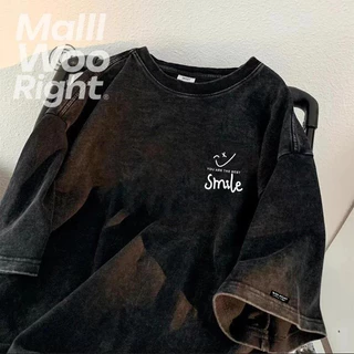 （จัดส่งตลอด 24 ชั่วโมง）Woo Right เสื้อยืดฟอก oversize ผ้าฝ้าย 100% โอเวอร์ไซซ์ สีดําเข้ม สไตล์ฮิปฮอป เรโทร HY
