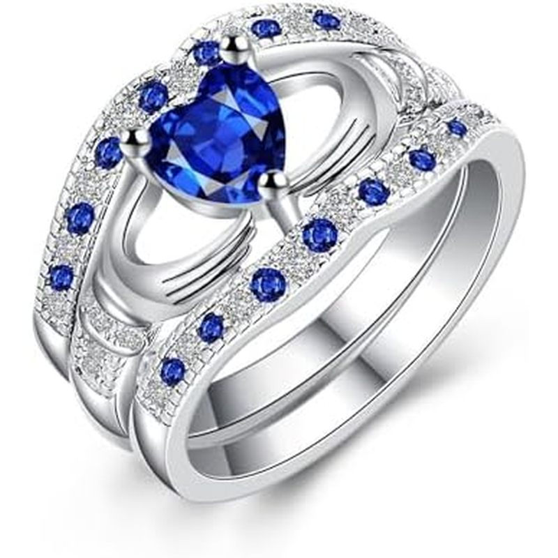 Uloveido 3 ชิ้น Irish Claddagh Celtic Knot Eternity Design แหวนจําลอง Sapphire Blue Heart CZ Cubic Z
