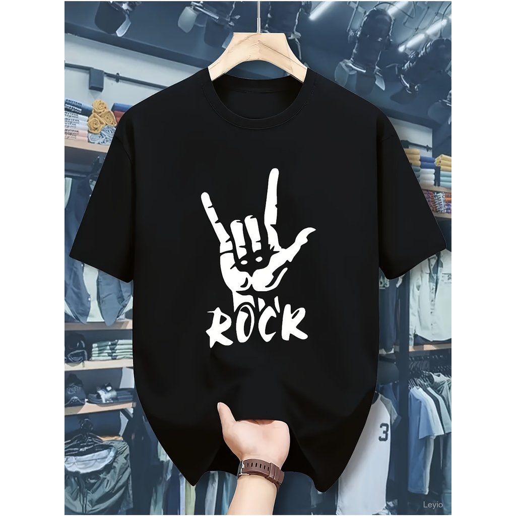 เสื้อยืดชายลายมือร็อคและสัญลักษณ์ไอคอนิก - เสื้อคอกลมแขนสั้นสวมใส่สบายสำหรับฤดูร้อน พิมพ์ลายร็อค ซักเครื่องได้ เหมาะสำหร