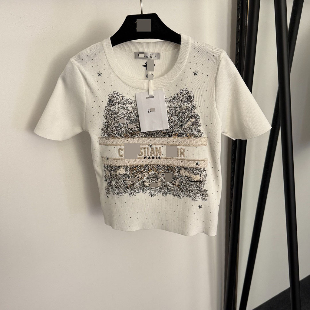 4O3V D//r Elegant, slim-fit, sweet style, high-end short-sleeve knit top with five-pointed star rhin