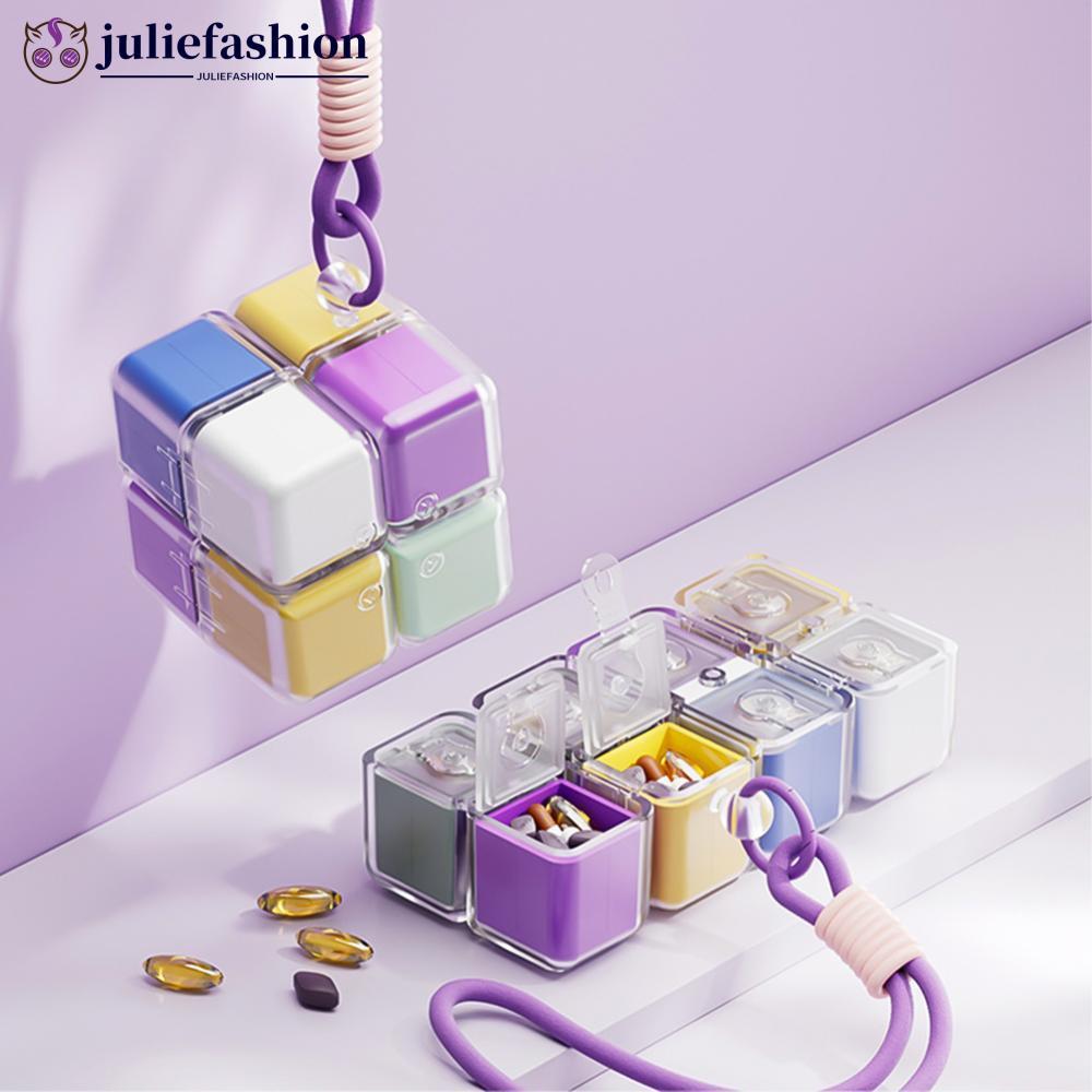 JULIEFASHION Fun Cube กล่องยาแบบพกพาพร้อมเชือกเส้นเล็กความจุขนาดใหญ่ปิดผนึกป้องกันความชื้น 7 วันรายส