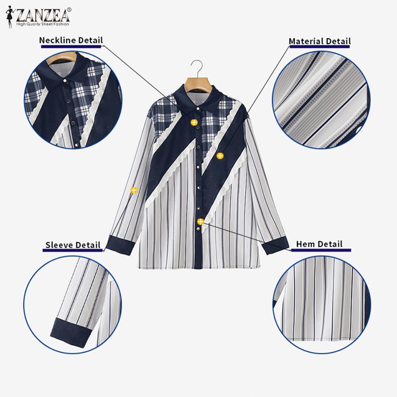 ZANZEA เสื้อแขนยาวสไตล์เกาหลี ดีไซน์ลายสก๊อตและลูกไม้ สไตล์หลวม ๆ — صورة 7