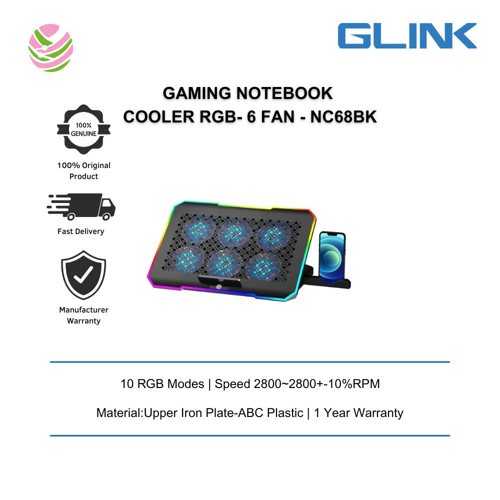 GLINK -(DCX-A16)-GAMING NOTEBOOK COOLER RGB- 6 FAN 17 INCH - NC68BK