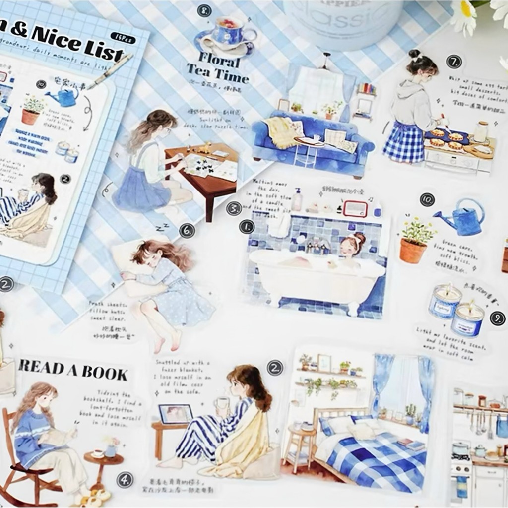 15 pcs ชีวิตประจําวันที่บ้านสมุดภาพสติกเกอร์ Kawaii สาวหวานคน Journaling Scrapbooking Junk Journal หัตถกรรม Embellishment ตกแต่งไดอารี่สติกเกอร์