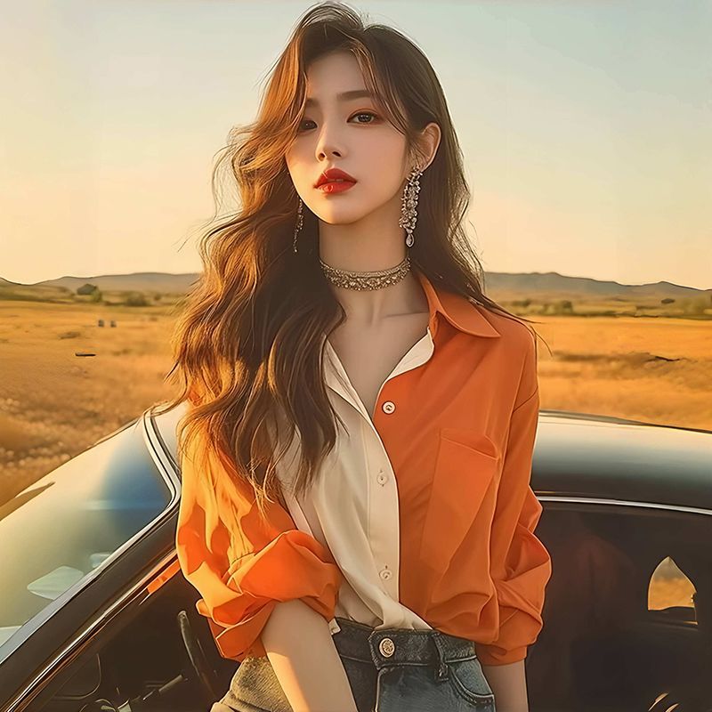 Color-Blocking Long Sleeves Shirt Shirt Women 2024 Luxury High-End Feeling Early Winter Atmosphere W