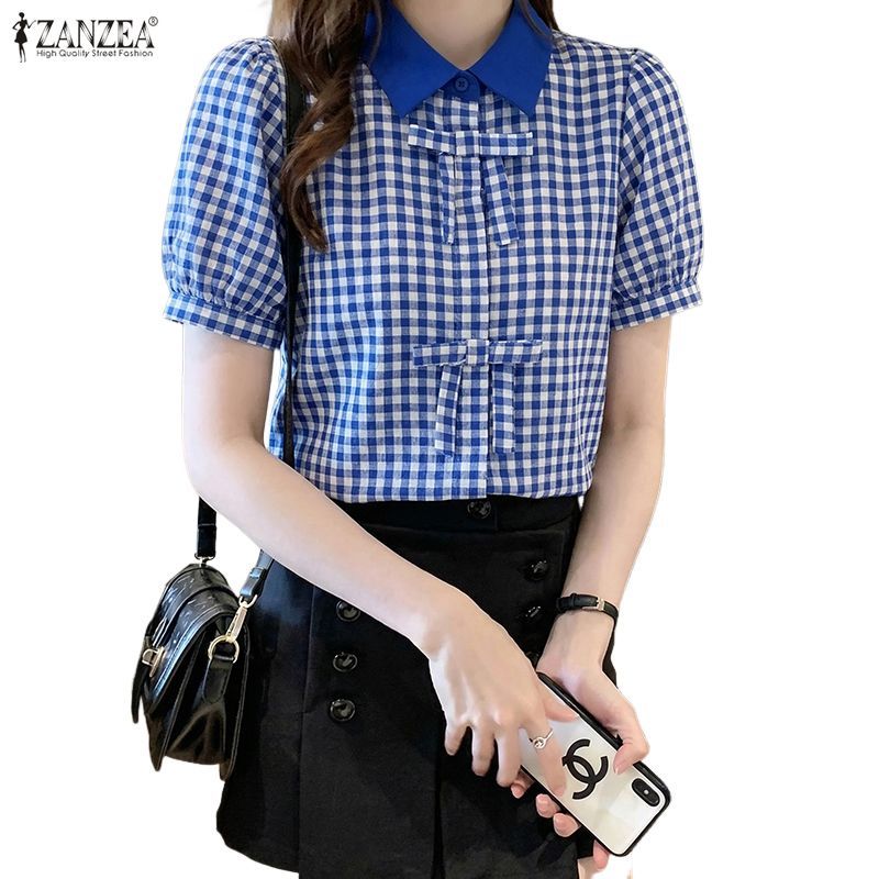 เสื้อลายสก๊อตวินเทจเกาหลีสำหรับผู้หญิง กระดุมปุ่มทึบ แขนพอง มีโบว์