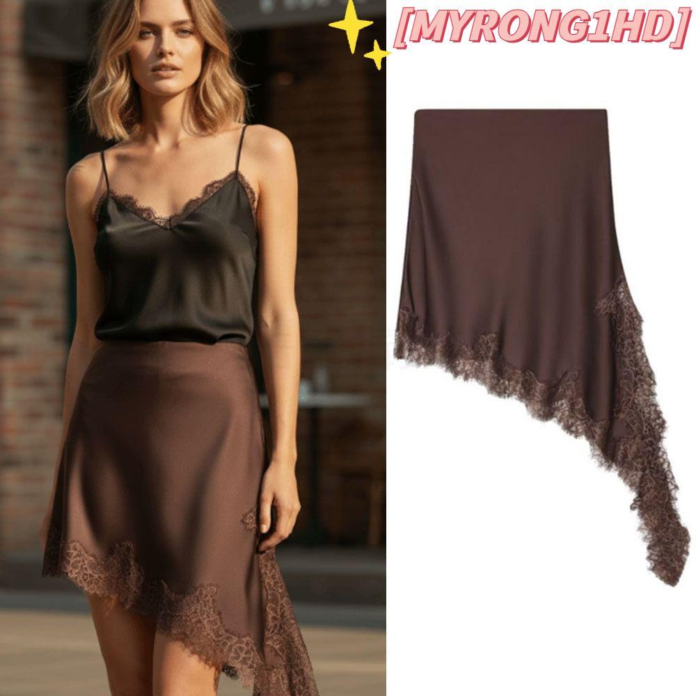 MYRONG1HD กระโปรงลูกไม้, Y2K Streetwear ดูผ่าน Lace Up Ruffles กระโปรง, กางเกงยีนส์กางเกงตกแต่งไม่สม