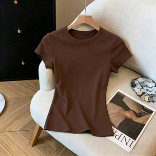 YY  Fashion women's clothing T-shirt crop slim/kaos coklat/T-shirt Hitam/T-shirt gaya Korea [COD]4.14