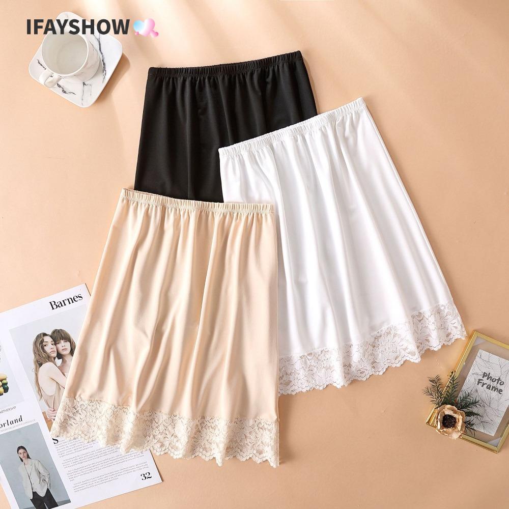 IFAYSHOW กระโปรงกลางเข่า ผ้าไหมน้ำแข็งบางเบา สำหรับผู้หญิง มาพร้อมกางเกงในตัวยาว ตาข่ายยืดได้ และชุดพองปักลายดอกไม้