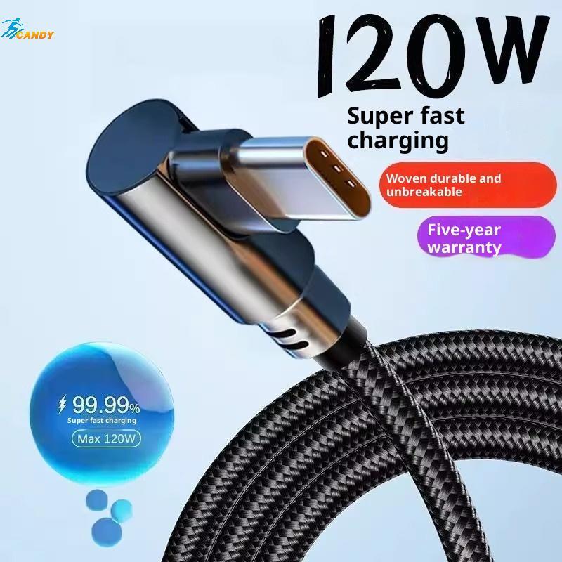 NDY ไนลอนถัก 6A 90 องศา Type C สาย USB Fast Charging ข้อศอกทนทานสําหรับอุปกรณ์มือถือ N