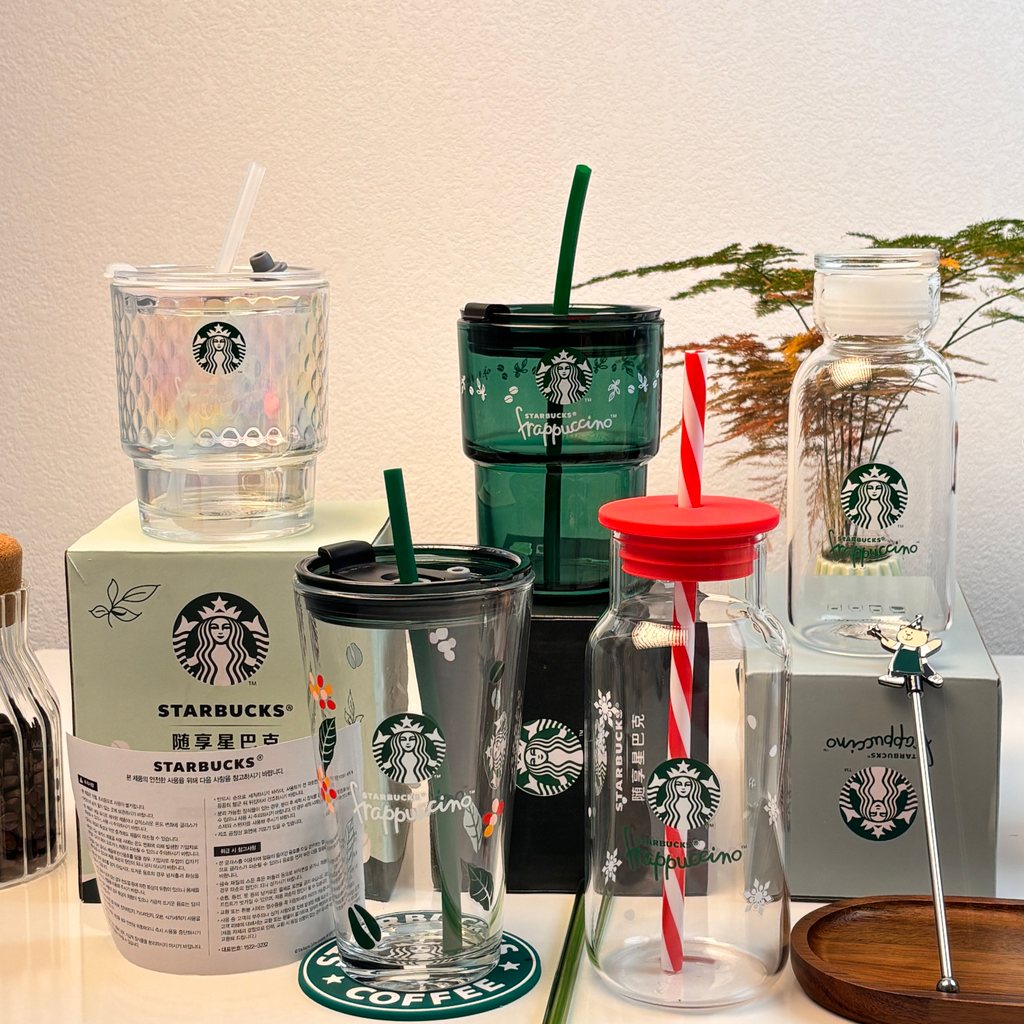 Starbucks Enjoy ถ้วยกาแฟ Shaker Cup Green Leaf Straw Cup Christmas Cat Claw Glass Straw Cup Pearl St