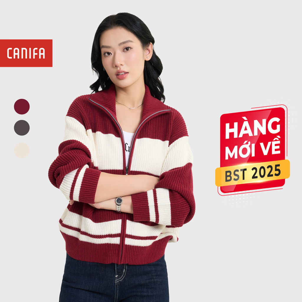 CANIFA เสื้อคลุมไหมพรมผู้หญิงแขนยาวและคอปกเปิดลง 6OT25C003