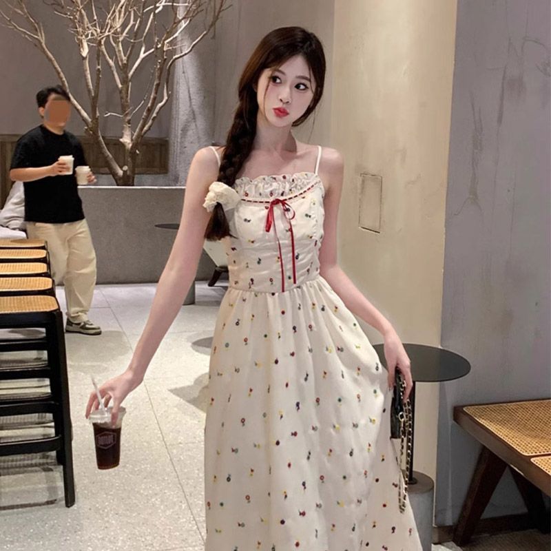 XUHENJIAN Seckill ชุดปีใหม่ Seckill ขนาดใหญ่ Pure Desire สไตล์ดอกไม้ชุดสลิงหญิงฤดูร้อนไขมันมม.แบนคอ 