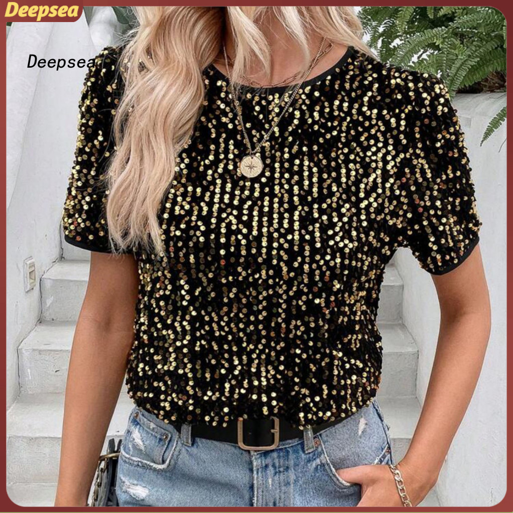 DPA Regular Fit เลื่อมด้านบนยืดเลื่อม TEE Sparkle และ Shine ผู้หญิงเลื่อม Embellished TEE สําหรับสวม