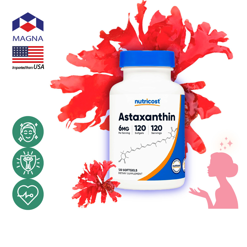นูทรีคอสท์ แอสต้าแซนทีน 6 mg x 120 เม็ด Nutricost Astaxanthin /กินร่วมกับ แอสต้าแซนธิน ไบโอติน บิลเบอร์รี่ คอลลาเจน น...