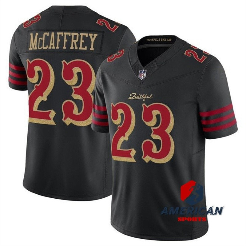 เสื้อแข่ง Mens San Francisco 49ers Christian McCaffrey แบบ Black 2025 FUSE สำหรับ American Football 