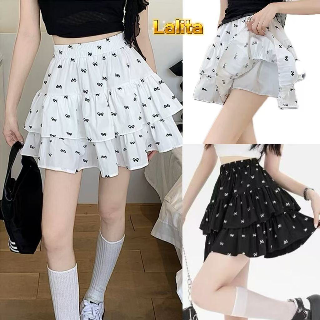 พร้อมส่ง กระโปรงสั้นลายโบว์ น่ารักสไตล์หวาน พิมพ์ลายสวย ผ้ายืดนุ่ม ใส่สบาย มี 2 สีให้เลือก Lalita