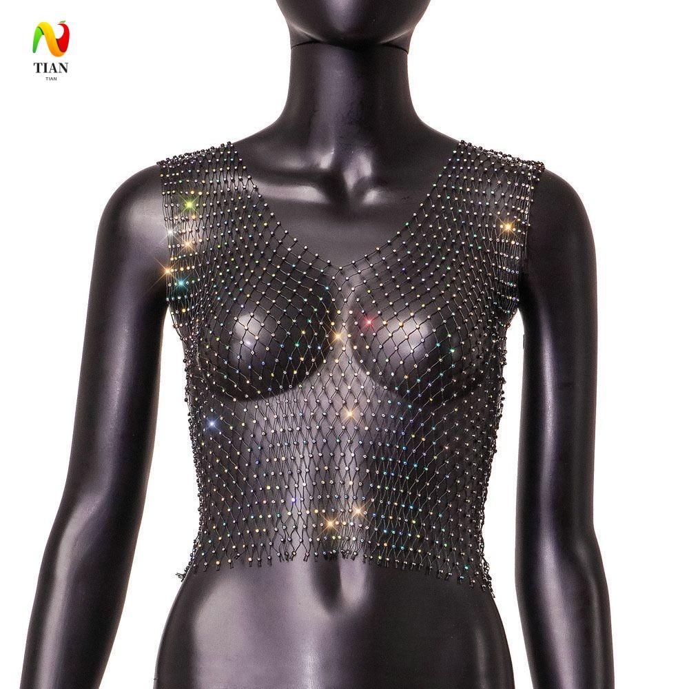 INQUIRY IMPACT ตกปลาสุทธิเสื้อกั๊กกลวง, V คอ Rhinestone Camisole, แฟชั่นตาข่ายสไตล์สาวเผ็ดโปร่งใส Be