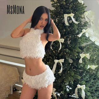 ชุดกางเกงขาสั้นสองชิ้นสำหรับผู้หญิง สไตล์เซ็กซี่สีทึบพร้อมขน…