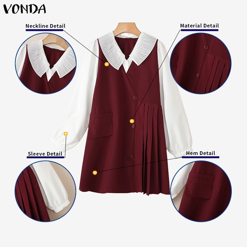 VONDA กระโปรง-mini-A-line สไตล์เกาหลีสำหรับผู้หญิง ปกคอวี พาทเวิร์ค และพลาตเตอรัส — صورة 7