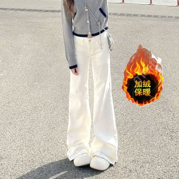 baggy jeans หญิง กางเกงวอร์ม กางเกงขาม้า กางเกงยีนส์ผู้หญิงทรงกระชับเอวต่ำ มีลายขนแกะสีขาว สำหรับฤดู