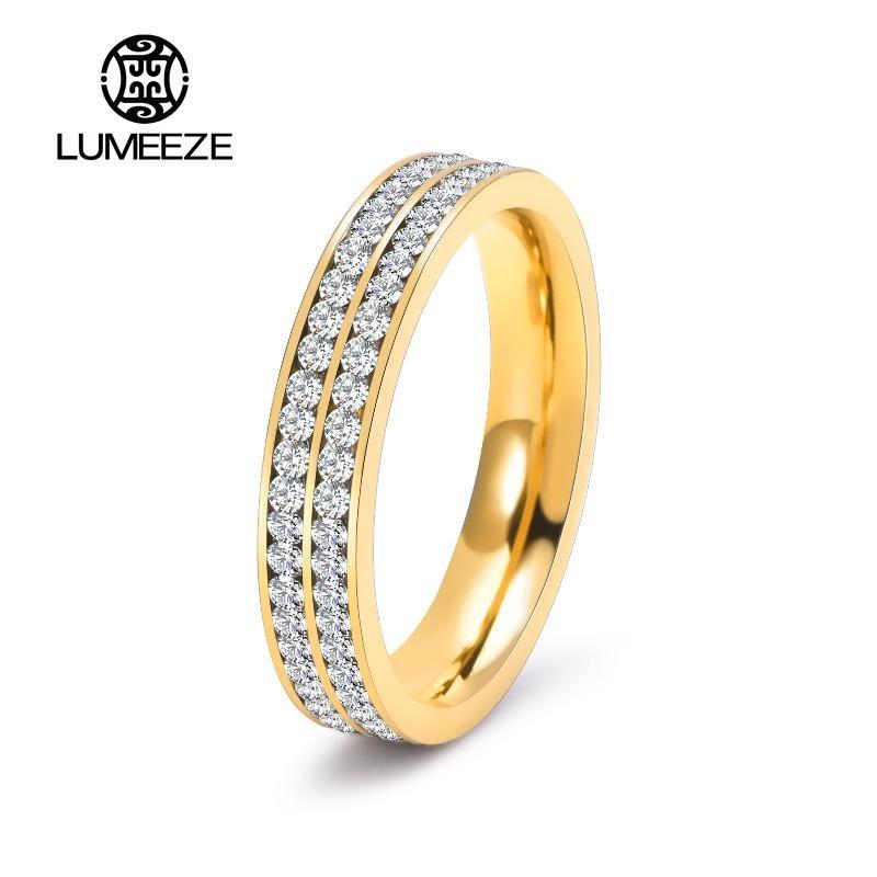 LUMEZE 2/4mm Iced Out Bling CZ แหวนหญิงทองเงินสีสแตนเลส Cubic Zircon แหวนหมั้นงานแต่งงานสําหรับผู้หญ
