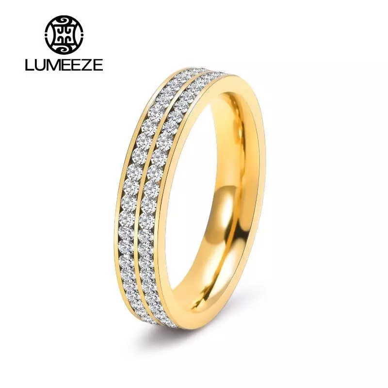 LUMEZE 2/4mm Iced Out Bling CZ แหวนหญิงทองเงินสีสแตนเลส Cubic Zircon แหวนหมั้นงานแต่งงานสําหรับผู้หญิงเครื่องประดับของขวัญ TS302 #