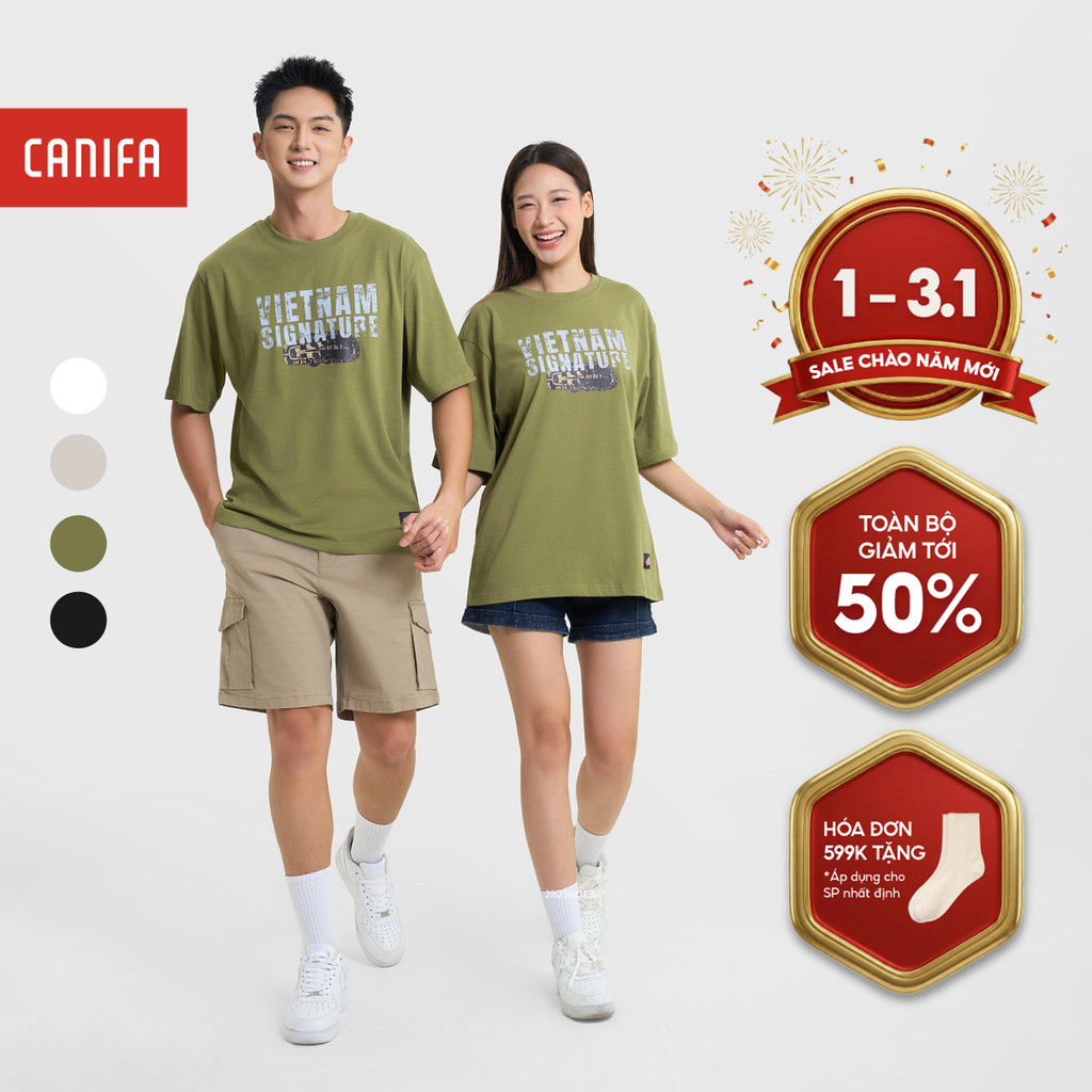 CANIFA S เสื้อยืดผู้ใหญ่ unisex รูปทรงกล่องพิมพ์คํา Khe Sanh 5TS25S031