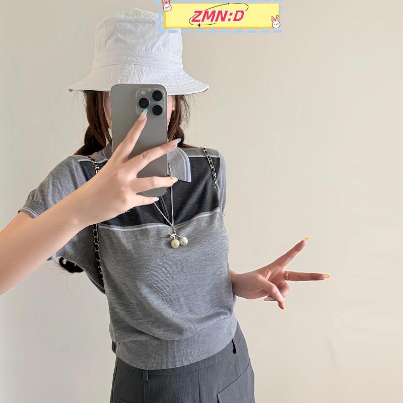 ZMN:D สไตล์เกาหลีแฟชั่นลําลองปกสีบล็อกเสื้อยืดผู้หญิงฤดูร้อน RRT