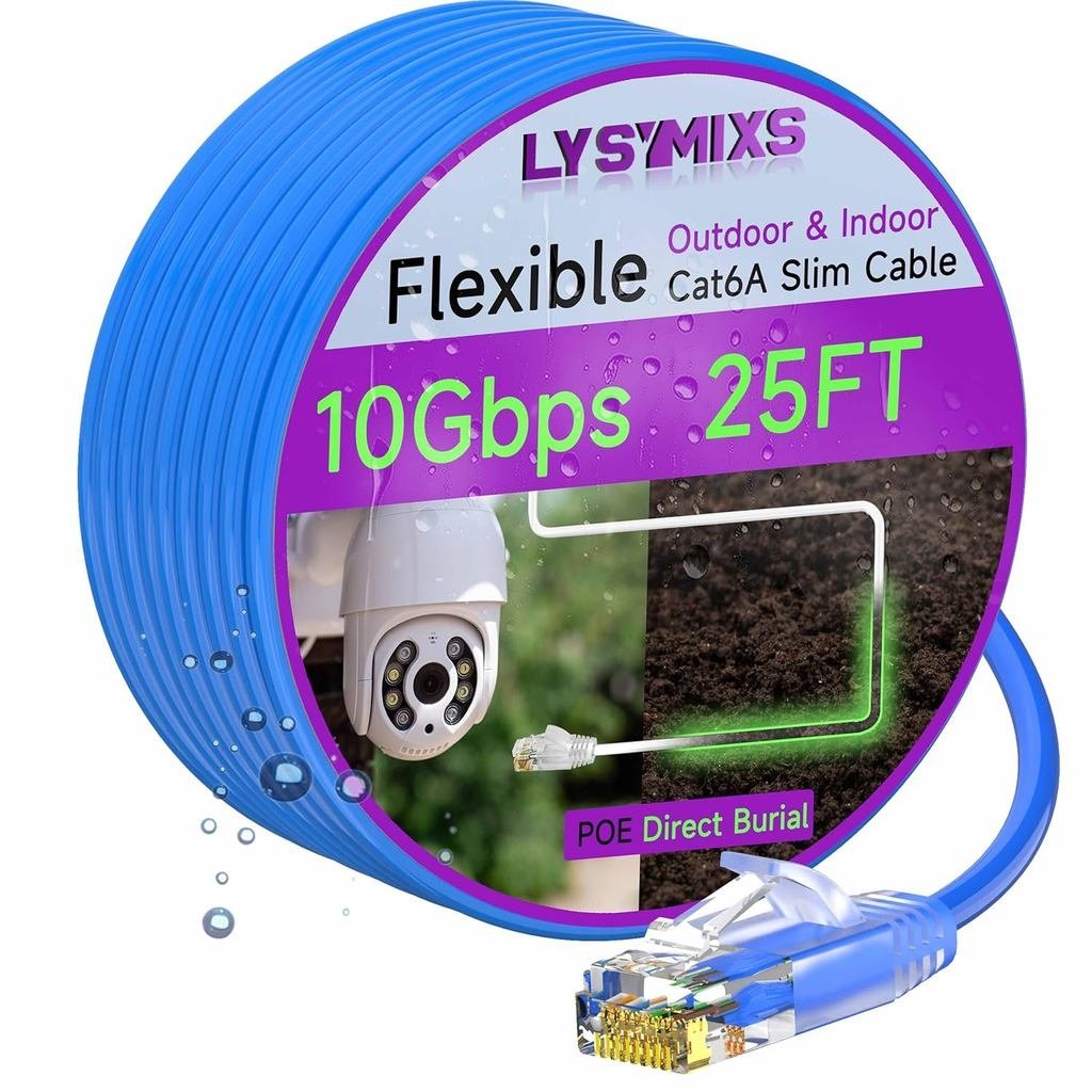 Cat6a Slim Ethernet Patch Cable 25ft Outdoor & Indoor, Flexible 10G Cat6 Internet Network Cable Wate