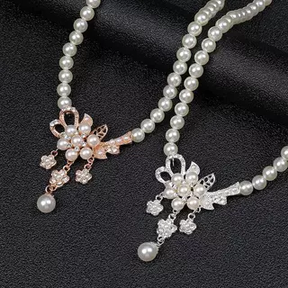 Sunstar 1 ชุดสร้อยคอผู้หญิงลูกปัด Glossy Faux Pearls Rhinestone ฝังดอกไม้สร้อยคอต่างหูสตั๊ดชุด