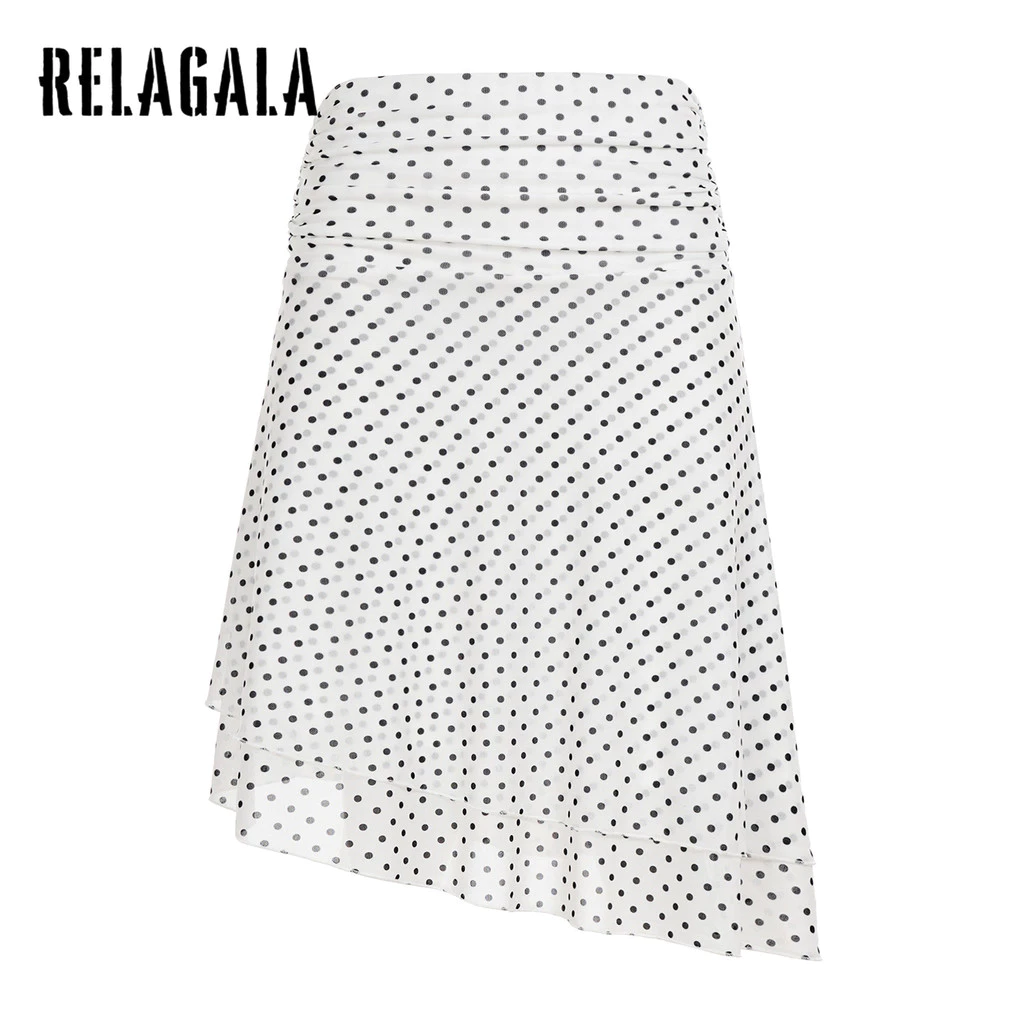 RELAGALA ผู้หญิง 2026 ใหม่ลายจุดพิมพ์ Causal แฟชั่นชุดกระโปรงตาข่ายไม่สม่ําเสมอ
