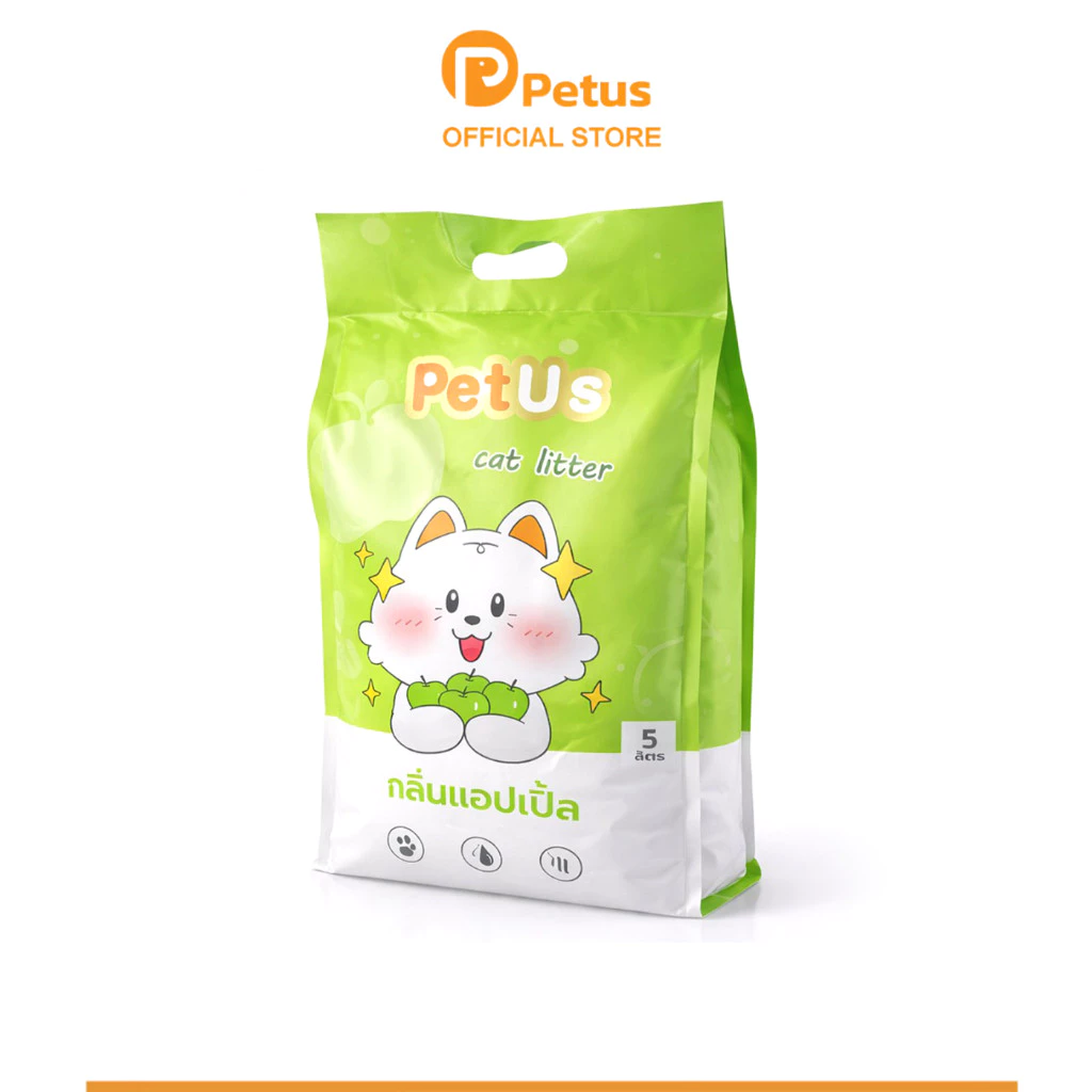 Petus ใหม่ ทรายแมว ทรายแมวเบนโทไนต์ กลิ่นแอปเปิ้ล cat litter ดูดซับเร็ว ใช้งานได้นาน ขนาด 5ลิตร 1ถุง