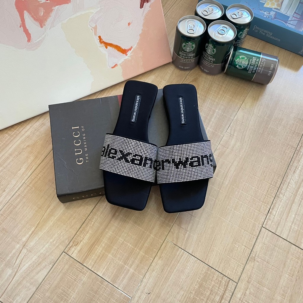 AW Alexander Wang รองเท้าแตะแฟลต สไตล์ใหม่สำหรับฤดูใบไม้ผลิและฤดูร้อน ออกแบบToeสี่เหลี่ยมประดับคริสต