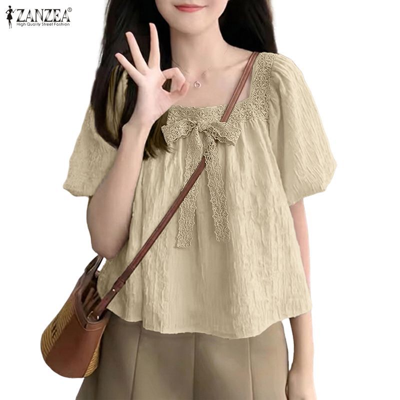 ZANZEA บลูซ์สไตล์เกาหลี อ่อนหวาน chic ทรงเหลี่ยม มีโบว์และตัวปุ๊ฟ สไตล์ทันสมัย