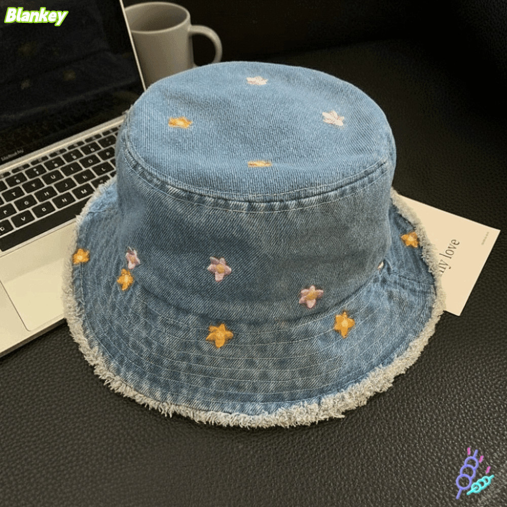 BLANKEFX Denim Bucket Hat,หมวกกันแดดผู้หญิงน้ําหนักเบาแบบพับได้,แฟชั่นเย็บปักถักร้อยดอกไม้ระบายอากาศหมวกชาวประมงฤดูร้อนกลางแจ้ง