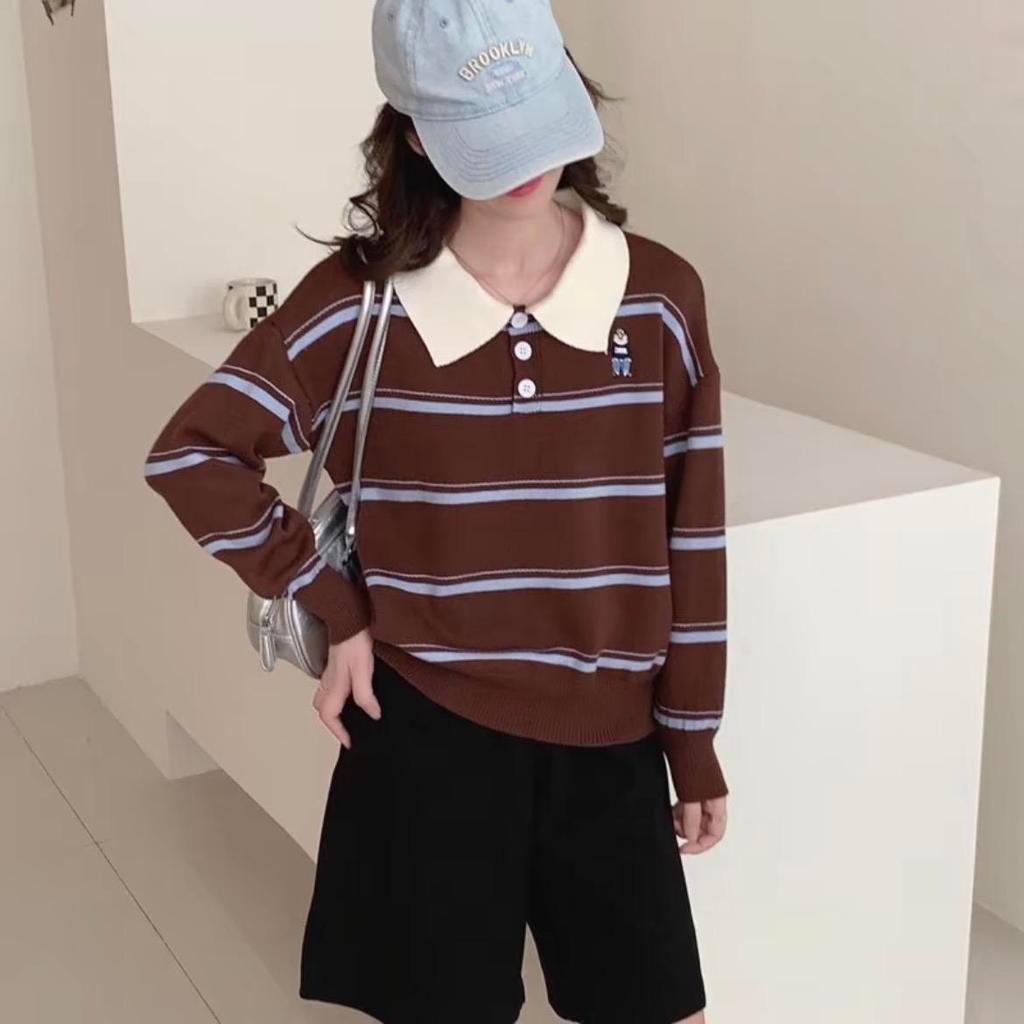 15621 เสื้อถักสำหรับผู้หญิง เสื้อโปโลแขนยาวลายทางมีปก ทรงหลวม